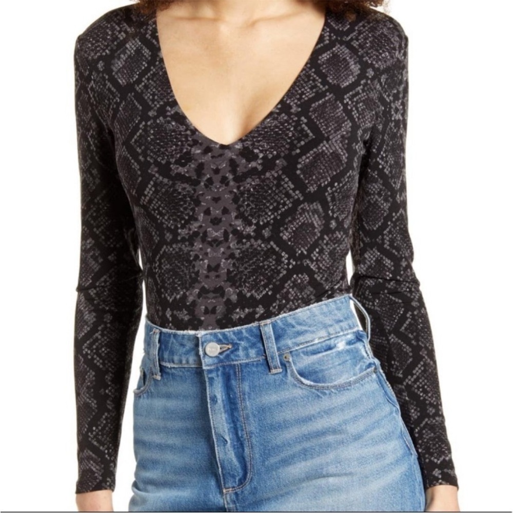 Leith Black Gray Snake Print Long Sleeve Bodysuit Medium